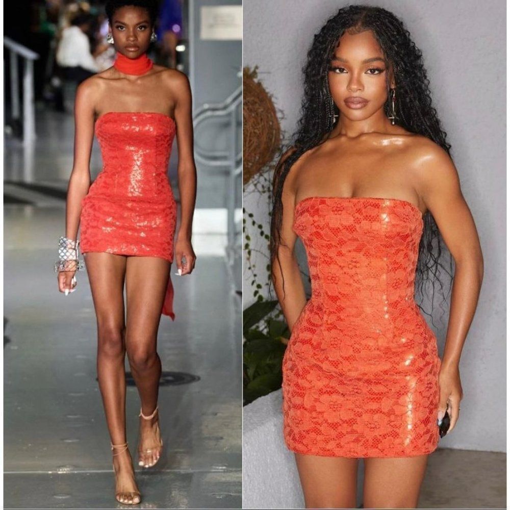 NWT LAQUAN SMITH Spring 2023 Runway Orange Sequin Strapless Mini Dress S…